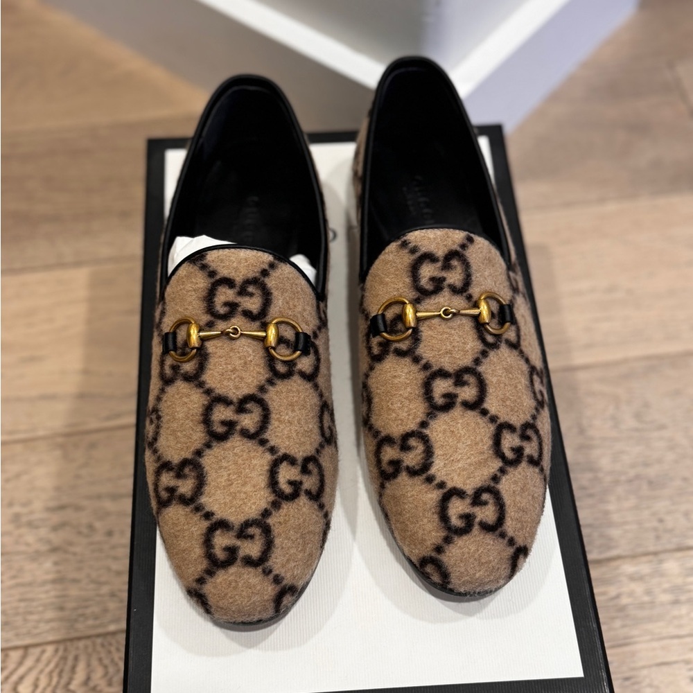 Gucci Beige and Black Patterned Loafers